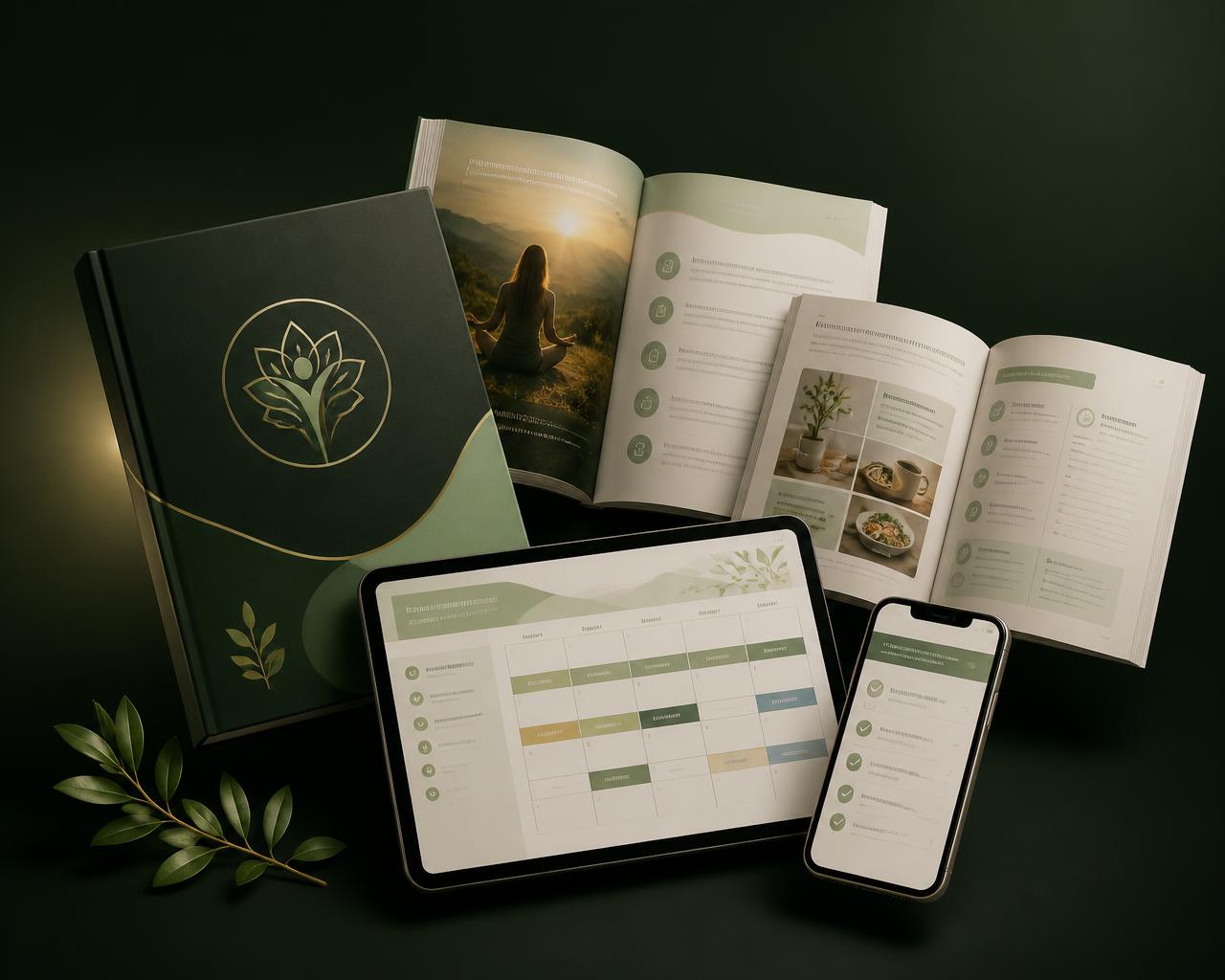 Le guide Votre Plus Beau Chapitre présenté en plusieurs formats : la couverture, des pages intérieures, une vue tablette et une vue téléphone.